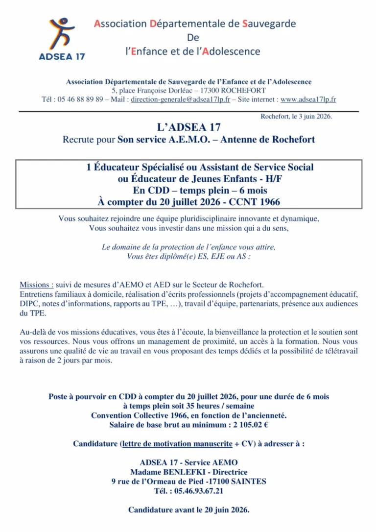 L&rsquo;ADSEA recrute un ES ou ASS ou EJE H/F