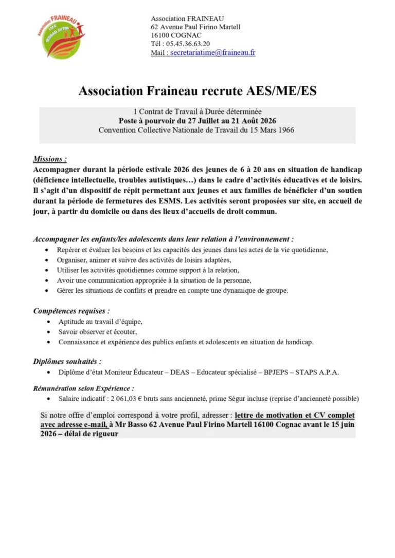 Association Fraineau recrute AES/ME/ES
